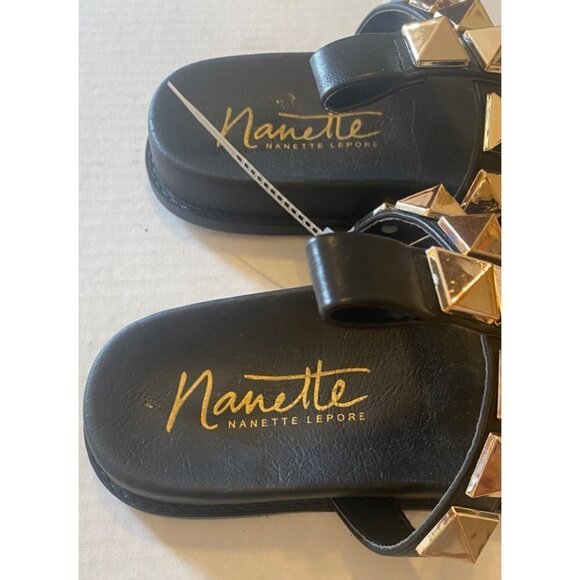 Nanette Lepore Gold Spike Stud Punk Gladiator Style Black cushioned arc support - Picture 8 of 9